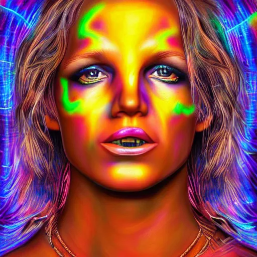 Prompt: photorealistic brittany spears as a dmt entity in the style of alex grey and michael whelan. hyperdetailed photorealism, 1 0 8 megapixels, amazing depth, high resolution, 3 d shading, 3 d finalrender, 3 d cinematic lighting, glowing rich colors, psychedelic overtones, artstation concept art.
