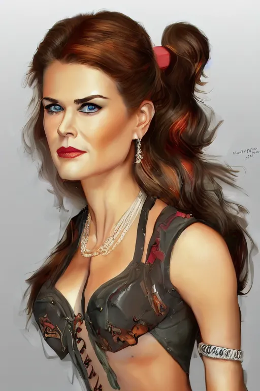 Prompt: mix of beautiful young maria shriver, mariel hemmingway, brooke shields, nicole kidman and elle macpherson as a snake girl with fangs, thin lips, hair tied up in a pony tail, dark blonde hair, colorful, artstation, cgsociety