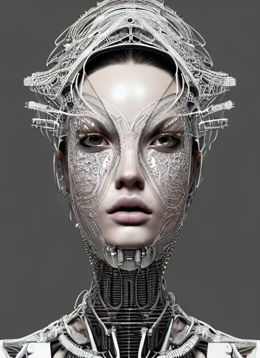 Image similar to portrait of an absurdly beautiful, graceful, sophisticated, fashionable cyberpunk mechanoid, hyperdetailed illustration by irakli nadar and vania zouravliov, matt wisniewski style, intricate linework, white porcelain skin, metal tribal headdress, day - glow face paint, unreal engine 5 highly rendered, global illumination, radiant light, detailed and intricate environment