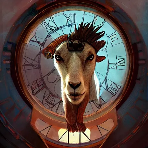 Prompt: Portrait of a Clockpunk goat, science fiction, highly detailed, digital painting, artstation, concept art, illustration, art by Greg Rutkowski and alphonse mucha