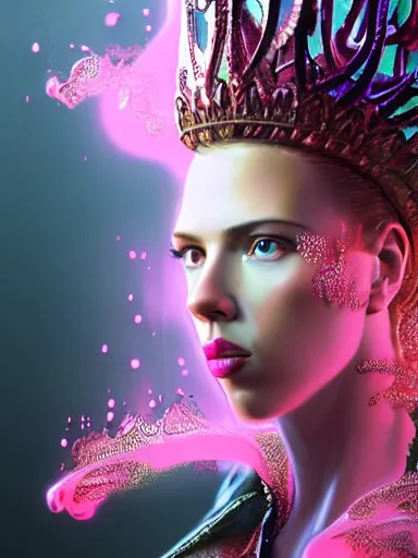 Image similar to pink portrait of beautiful female angel queen Scarlett Johansson head wearing shiny pink crown, subtle purple accents, hyper details, black metal rococo, sculpted by Alex Alice, Craig Mullins, yoji shinkawa, trending on artstation, beautifully lit, Peter mohrbacher, hyper detailed, insane details, intricate, elite, elegant, luxury, ray of light through smoke, CGsociety, hypermaximalist, golden ratio, volumetric, octane render, weta digital, micro details, 3d sculpture