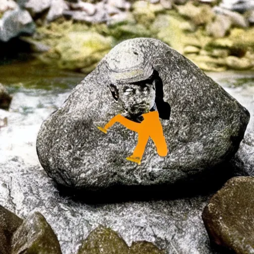 Prompt: Bruce Lee hidden in a rock in the middle of a mountain stream