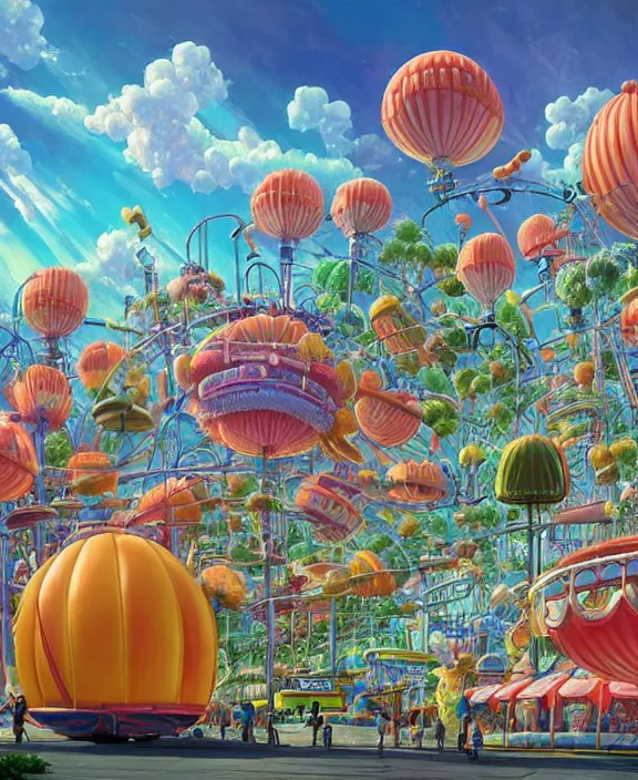 Image similar to a puffy inflated amusement park made out of seamless alien creatures, in the style of an aerodynamic obese robot, overgrown with thick orchids, partly cloudy, sun - drenched, dramatic lighting, by dan mumford, yusuke murata, makoto shinkai, ross tran, cinematic, unreal engine, cel shaded, featured on artstation, pixiv