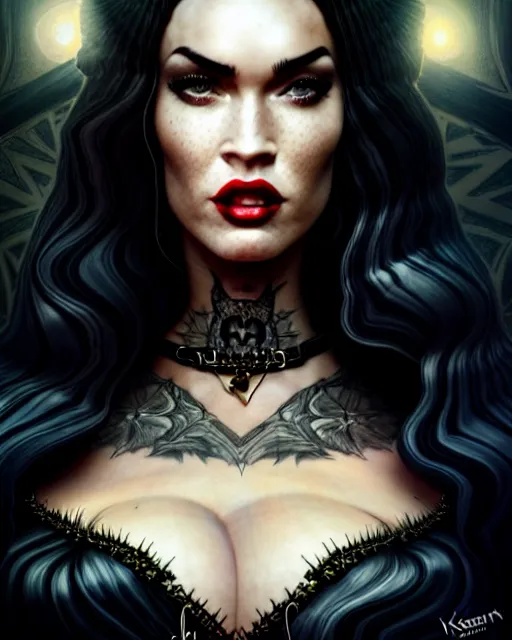 Prompt: megan fox witch queen, black eyes, blood, full body, intricate victorian dress, middle shot, cinematic lighting, studio quality, symmetrical eyes, artgerm, joshua middleton, rafael albuquerque, moody lighting, candles, art style by klimt, nixeu and ian sprigger and wlop and krenz cushart