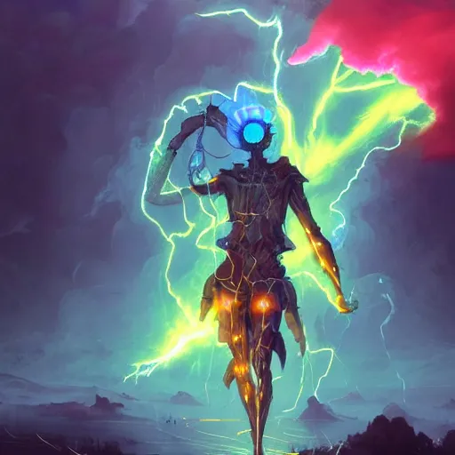 Prompt: medium shot of a ghostly transparent yellow lightning elemental humanoid with red and blue goggles shooting lightning bolt, cyberpunk concept art by pete mohrbacher and seb mckinnon and beksinski and josan gonzales, digital art, highly detailed, intricate, sci-fi, sharp focus, Trending on Artstation HQ, deviantart, unreal engine 5, 4K UHD image