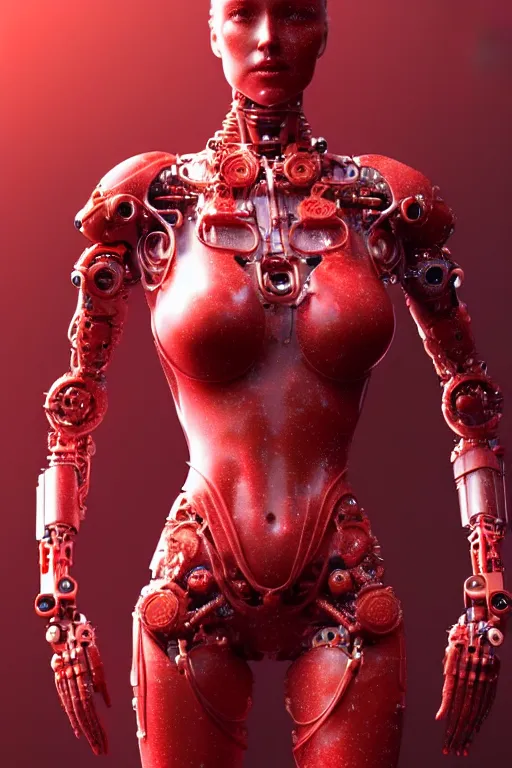Prompt: a statue made of red marble, of an beautiful girl, full body shot, perfect body, red biomechanical, inflateble shapes, wearing epic bionic cyborg implants, masterpiece, intricate, biopunk futuristic wardrobe, vogue, highly detailed, artstation, concept art, background galaxy, cyberpunk, octane render