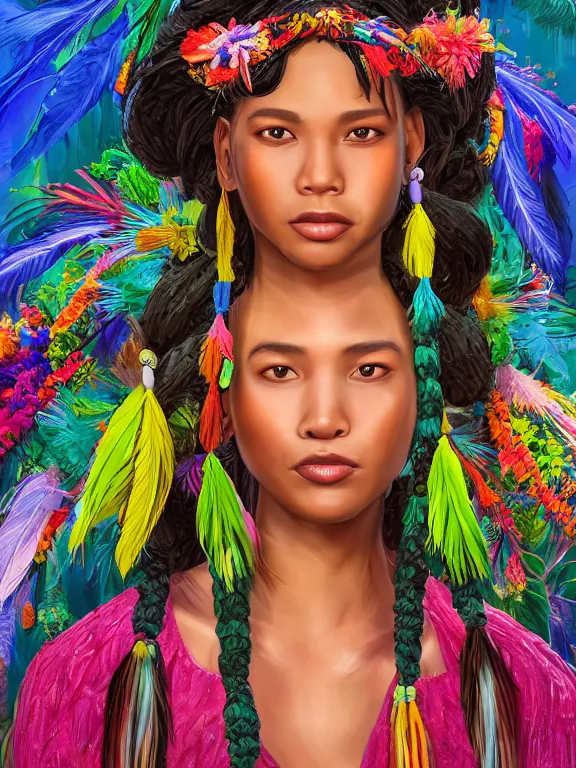 Image similar to beautiful portrait of a Subtropics minority female wearing fantastic Hand-dyed cotton dress, embellished beaded and feather decorative fringe knots ,colorful pigtail,among subtropical flowers and plants,symmetrical face,intricate, cute, playful,elegant, highly detailed, dim volumetric lighting, 8k,post-processing,digital painting, trending on artstation, concept art, sharp focus, illustration,by Steve McCurry and Tom Bagshaw and Daniel Gerhartz and Albert Aublet and Lawrence Alma-Tadema