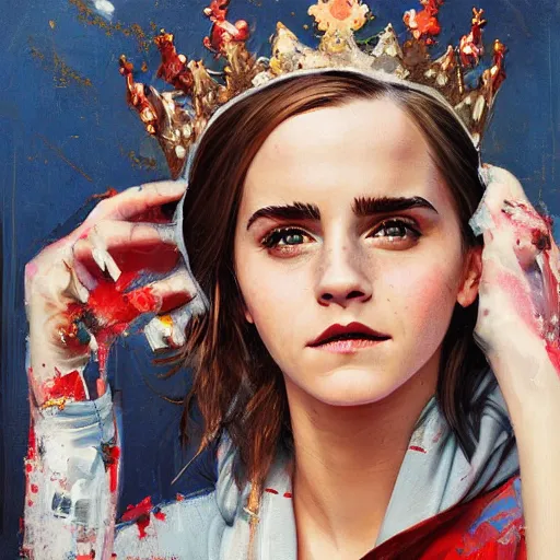 Prompt: full body emma watson wearing crown on head wearing designer hoodie by Sandra Chevrier by Richard Schmid by Jeremy Lipking by moebius by atey ghailan