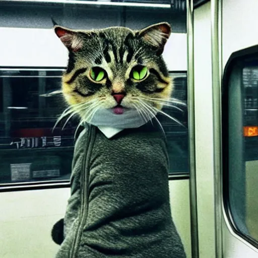 Image similar to “ angry cat wearing a suit riding the subway, studio ghibli, spirited away, anime, by hayao miyazaki ”