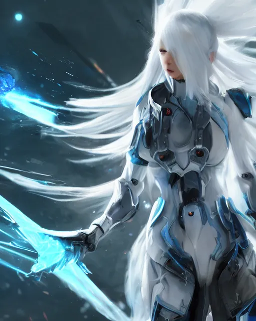 Prompt: perfect white haired girl, warframe armor, beautiful, dreamy, half asian, pretty face, blue eyes, detailed, windy weather, scifi platform, laboratory, experiment, 4 k, ultra realistic, epic lighting, cinematic, high detail, masterpiece, art by akihito tsukushi, akasuki voidstar