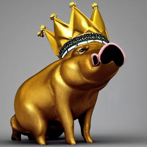 Prompt: pig wearing a simple gold crown in the style of Bruno Mangyoku