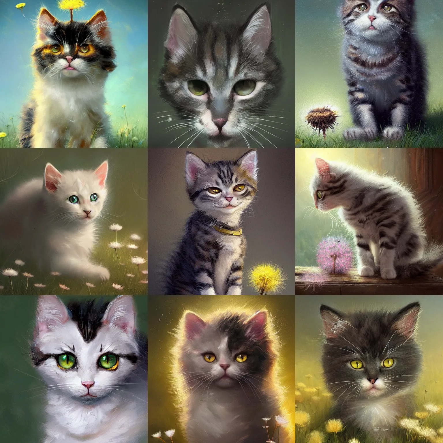 Prompt: the kitty with the big cute eyes and dandelion, detailed digital art by greg rutkowski, thomas kinkade and keith parkinson, artstation, cgsociety, 8 k, hd