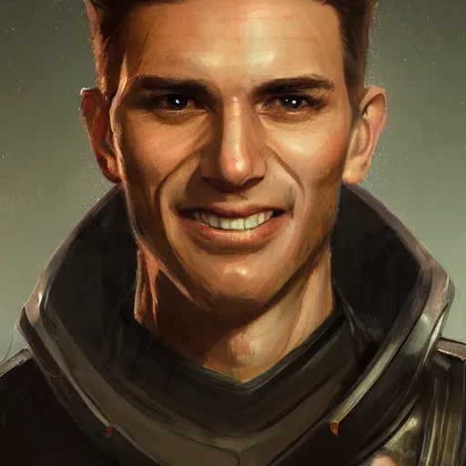 Image similar to portrait of a man by greg rutkowski, he is about 3 0 years old, mixture between german and turkish, copper quiff hair, uncanny smile, very tall and slender, he is wearing a futuristic police gear, highly detailed portrait, digital painting, artstation, concept art, smooth, sharp foccus ilustration, artstation hq