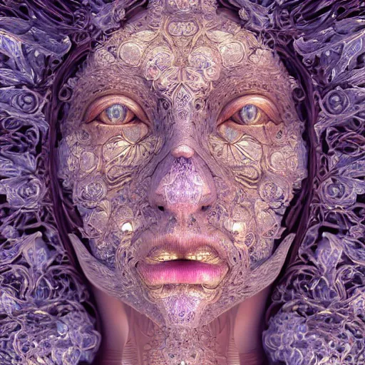 Prompt: beatifull frontal face portrait of a woman, 150 mm, flowers, mandelbrot fractal, symmetric, intricate, golden ratio, full frame, elegant, highly detailed, ornate, ornament, sculpture, elegant , luxury, beautifully lit, ray trace, octane render in the style of peter Gric , alex grey and Romero Ressendi