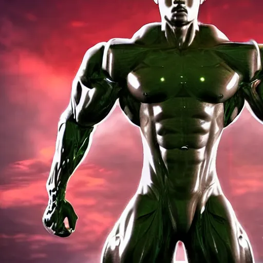 Image similar to a realistic detailed photo of a bodybuilder who is also a male android Chris Redfield, shiny skin, posing robotically, blank stare