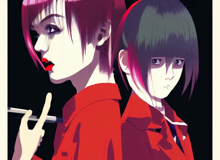 Image similar to editorial illustration by Narumi Kakinouchi and Karolis Strautniekas and Mads Berg, colorful, anime portrait vampire princess miyu, katsuhiro otomo, Ilya kuvshinov,fine texture, smooth cel shading, fine details, matte print, film noir, dramatic lighting, dynamic composition, cinematic, film grain, moody, vivid, volumetric,stippled lighting