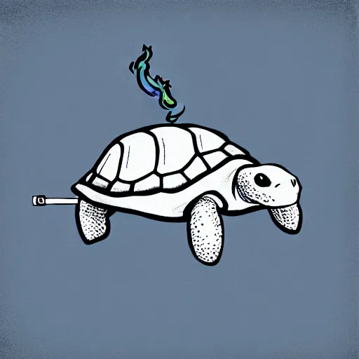 Image similar to storybook illustration of a turtle smoking a cigarette, storybook illustration, monochromatic, white background