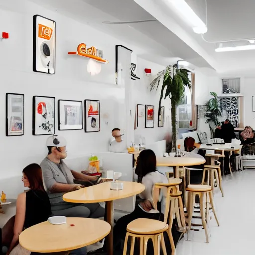 Prompt: photo of a minimalist white cafe interior, with arcade machines, and retro art on the white walls