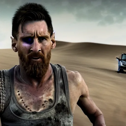 Prompt: Lionel Messi in Mad Max Fury Road, cinematic, sharp focus, movie still, atmospheric, 8k,