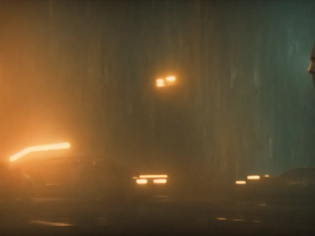 Prompt: Elon Musk close up film still from Blade Runner 2049, beautiful lighting, raining, neon lights, cinematic depth, ultra sharp