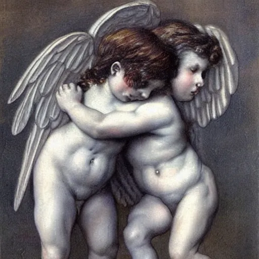 Image similar to 2 muscular angels hugging, victorian painting