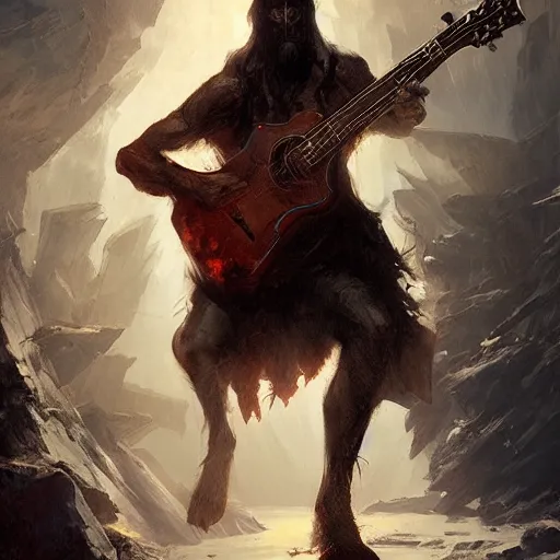 Image similar to v - form guitar in hand of man by greg rutkowski