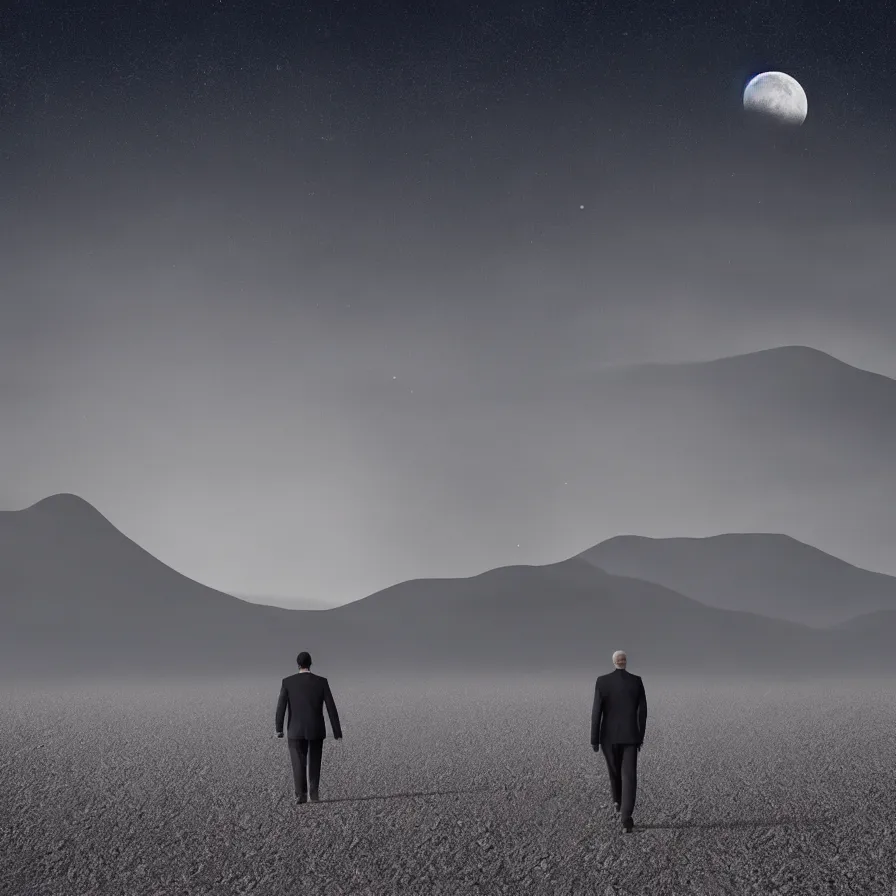 Prompt: a surreal landscape of a powerful man wandering in a vast desert lit by a frightening moon