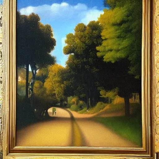 Image similar to \'The road to the autumn rainbow\' a photorealistic oil acrylic painting by Johannes Vermeer