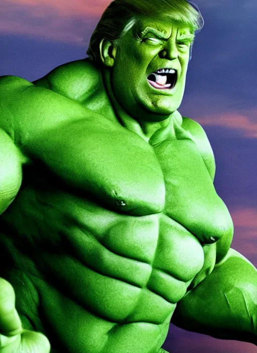 Image similar to donald trump as the hulk, green, superhero movie poster still, 4 k