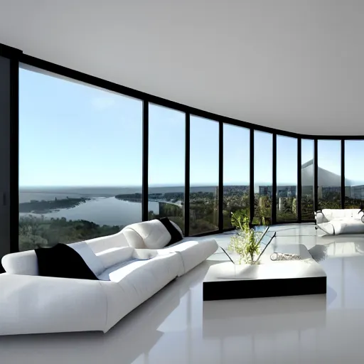 Prompt: an architecture visualisation of a modern living room, wide windows, stunning view, night, picture on the wall