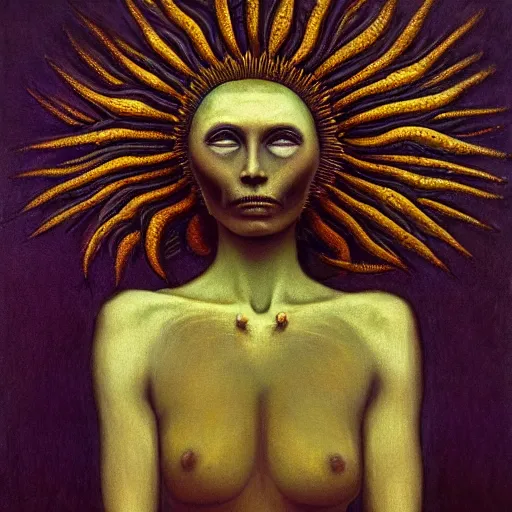 Image similar to the queen of the sun in the style of zdzisław beksiński and h.r. giger, oil on canvas, full body, open wide chest, intricately detailed artwork, full 8k high quality resolution, recently just found unknown masterpiece, renaissance painting, photorealism, 8k high detail, Sigma 85 mm f 1.4, Studio Light, Studio Ghibli, jacek yerka, alex gray, zdzisław beksiński, dariusz zawadzki, jeffrey smith and h.r. giger, oil on canvas, 8k highly professionally detailed, trending on artstation, her hair is thick and smooth, she is beautiful showing her true form