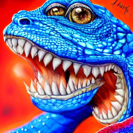 Prompt: president donald j clinton trump as a smiling laughing bright blue lizard person, airbrush painting, hyper detailed, 8 k, photorealism, rule of thirds, glitter.