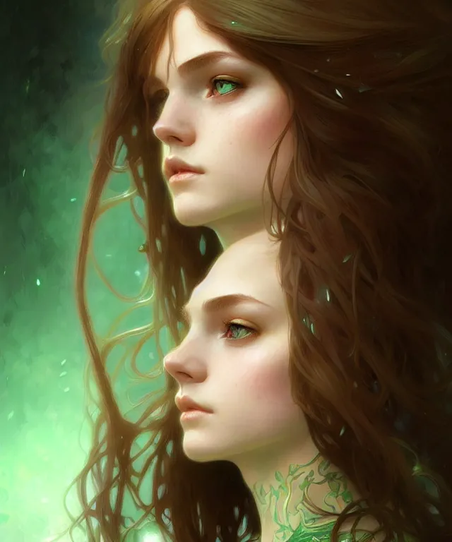 Image similar to Fae teenage girl, portrait, green eyes, face, long hair, fantasy, intricate, elegant, highly detailed, digital painting, artstation, concept art, smooth, sharp focus, illustration, art by artgerm and greg rutkowski and alphonse mucha