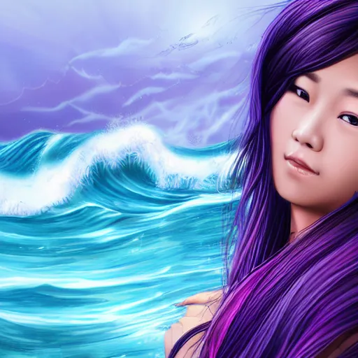 Prompt: beautiful good looking modern asian girl with tattoo's and blue pink purple long hair looking in the camera with sea with big waves in the background, portrait, 8 k, digital art, detailed realistic eyes.