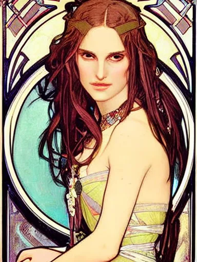 Prompt: a beautiful painting of natalie portman by Alphonse Mucha and by yoshitaka Amano and by Mark Brooks and by john william waterhouse, Art Nouveau, Neo-Gothic, gothic, award winning painting, hyperdetailed, detailed