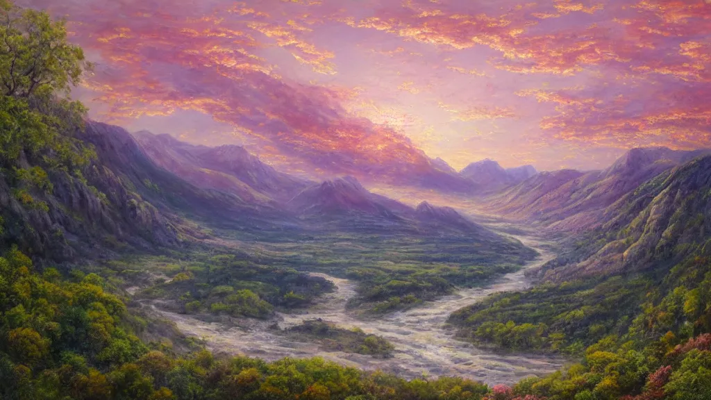 Prompt: The most beautiful panoramic landscape, oil painting, where a giant dreamy waterfall creates a river, it is winding its way through the valley and the trees are starting to bloom in pink colors, the mountains are towering over the valley below their peaks shrouded in mist, the sun is just peeking over the horizon producing an awesome flare and the sky is ablaze with warm colors and stratus clouds, by Greg Rutkowski, aerial view