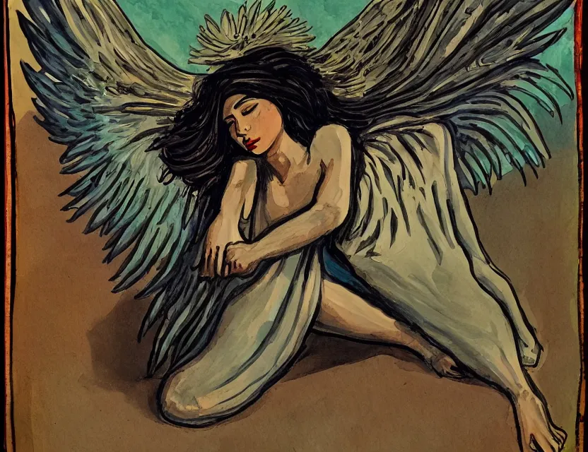 Prompt: angel of listlessness lazying around. heavily stylized, gouache painting by indie cartoonist. backlighting, chiaroscuro, intricate details.