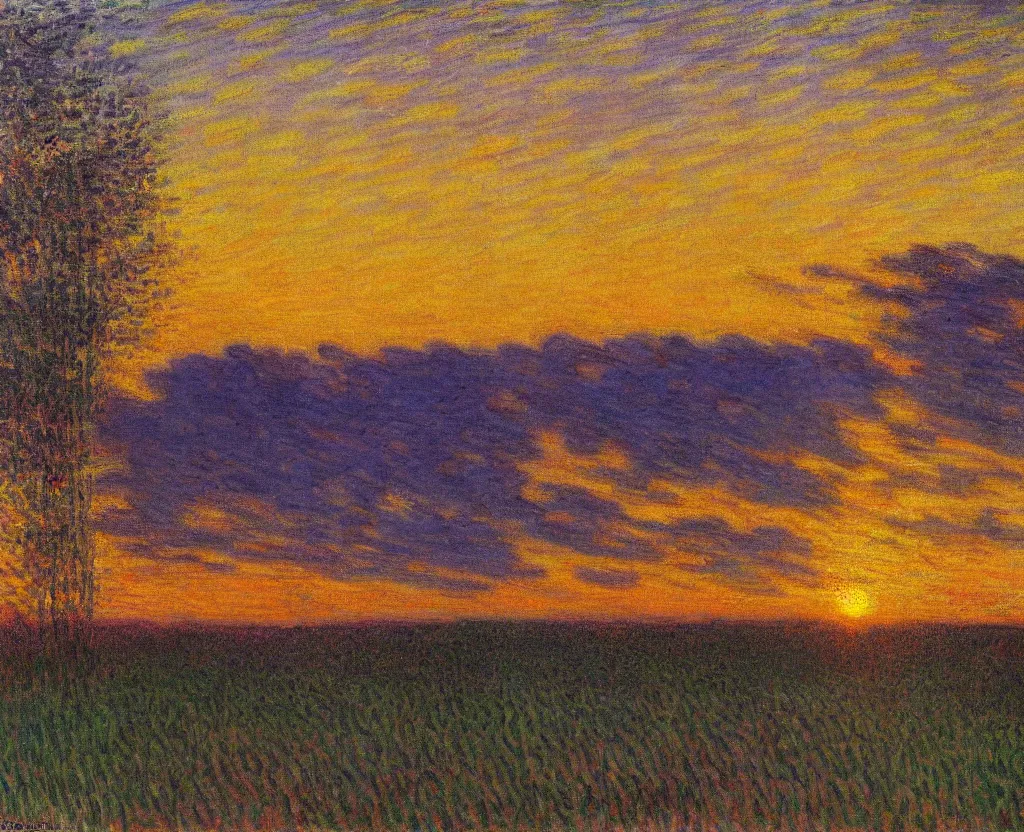 Prompt: an impressionism painting of endless cornfields at sunset, volumetric lighting, godrays, light rays, claude monet