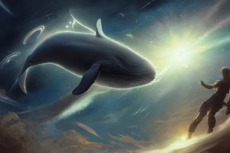 Image similar to a giant whale floating in outer - space, galaxies, stars, planets, star dust, ultra detailed, realistic, octane render, jesper ejsing, james jean, justin gerard, tomasz alen kopera, cgsociety, fenghua zhong, makoto shinkai, highly detailed, rim light, art, cinematic lighting, very coherent, 8 k