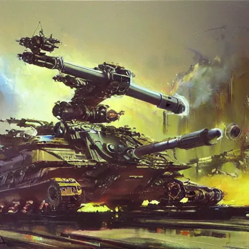 Image similar to a futuristic mech tank with six robot legs and a huge cannon, painting by john berkey