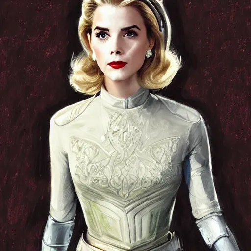 Image similar to A combination of Grace Kelly's and Emma Watson's and Ashley Greene's appearances with blonde hair wearing Master Chief's armor, full body portrait, D&D, fantasy, intricate, elegant, highly detailed, digital painting, artstation, concept art, matte, sharp focus, illustration, art by Donato Giancola and James Gurney