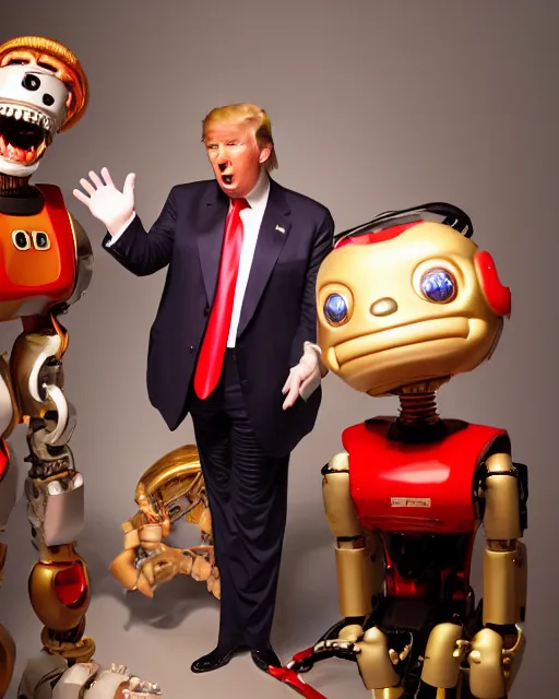 Image similar to Donald Trump as an animatronic Robot, Hyperreal, highly detailed hands and Face, Studio Lighting, in the Style of Disney Imagineering