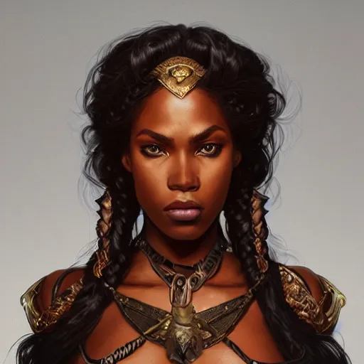 Image similar to portrait of a beautiful blackwomen devil warrior MTG iluustration, demon hunter ,intricate, headshot, highly detailed, digital painting, artstation, concept art, cinematic lighting, illustration, art by artgerm and greg rutkowski, alphonse mucha, cgsociety, science fiction