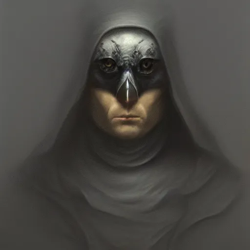 Image similar to self portrait of a raven nobleman. Full body with cloak and body armor, digital art, realistic, ultradetailed, concept art in the style of r/retrofuturism, art by Beksinski and Dariusz Zawadski, trending on artstation, devianart, cgsociety