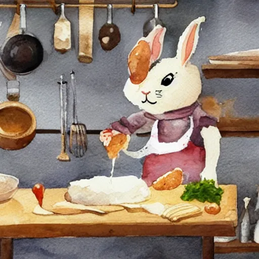 Image similar to a rabbit cooking mashed potatoes and meatballs in a cozy french kitchen, realistic watercolour