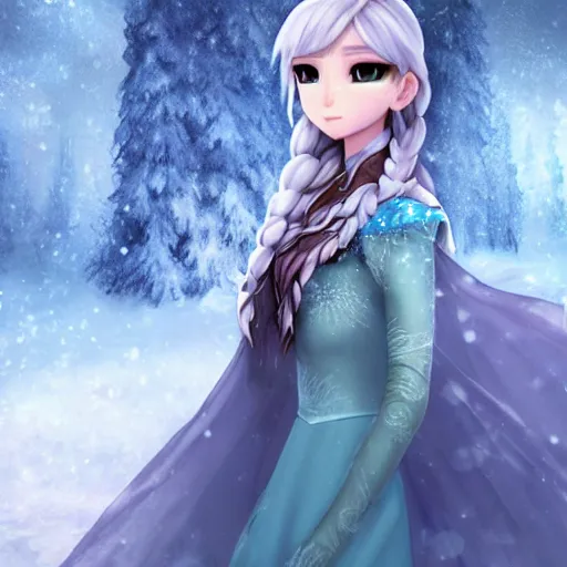 Image similar to portrait focus of knight beautiful 3D anime girl, Frozen ice armor wearing, dark forest background, snowing, bokeh, inspired by Masami Kurumada, digital painting, high contrast, unreal engine render, volumetric lighting, high détail