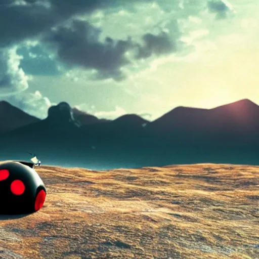 Image similar to promotional still wide angle, a mountain - sized ladybug roams a barren wasteland, dramatic lighting, ( e. t. the extra - terrestrial ), batteries not included, harry potter, octane 3 d render, imax, 7 0 mm.