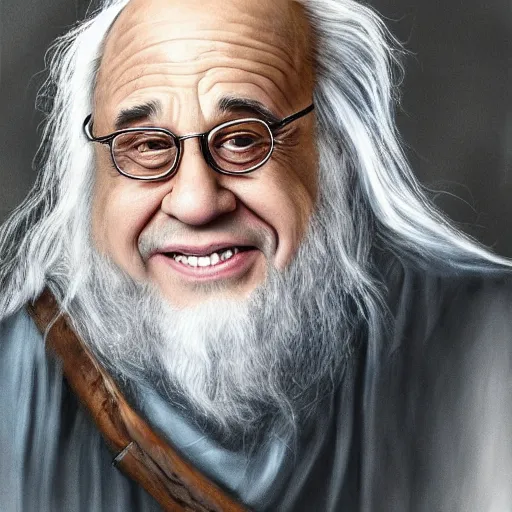 Image similar to portrait danny devito as gandalf, deviantart, smile, ultra realistic illustration, final fantasy, high quality, full color