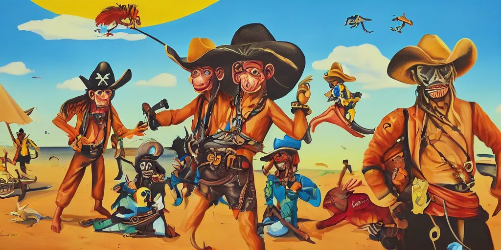 Prompt: Monkey cowboys pirates and tropical island, retro future, oil paint on canvas