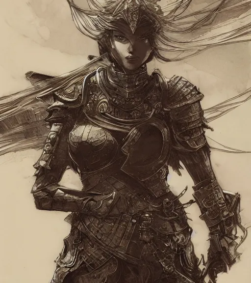 Prompt: anime woman in armor, pen and ink, intricate line drawings, by craig mullins, ruan jia, kentaro miura, greg rutkowski, loundraw